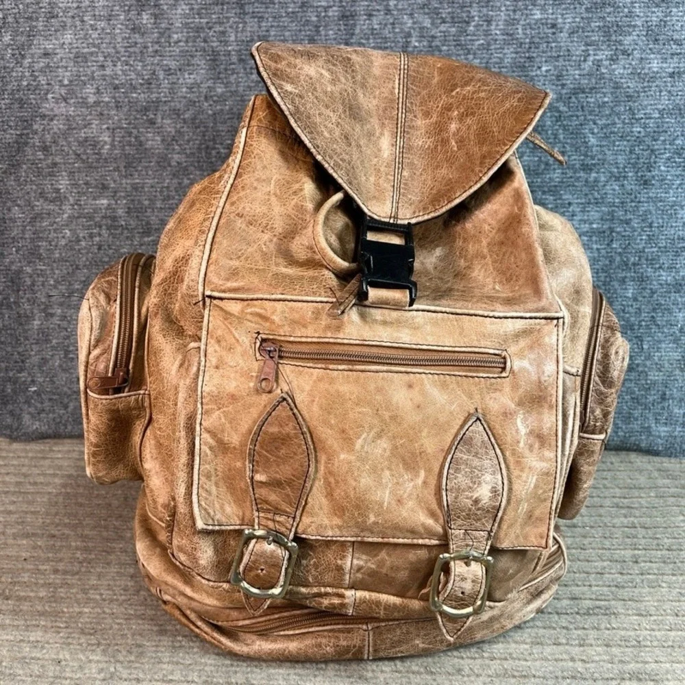 Vintage Tan Distressed Leather Backpack Rucksack Multi-Pocket Travel Bag